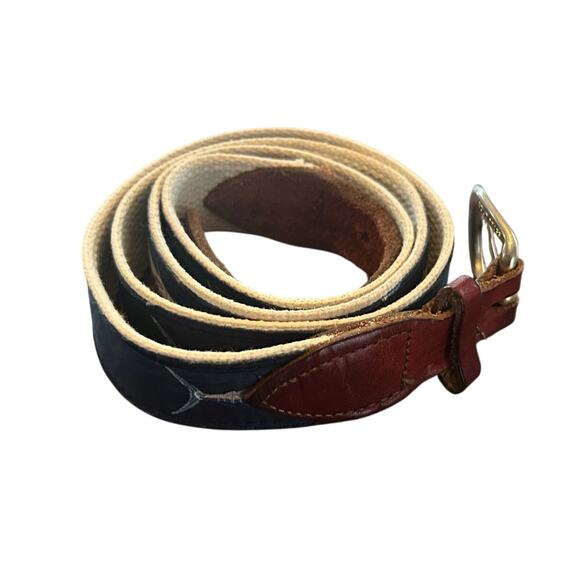Vintage Other - ⭐️ Vintage Shark Blue Canvas Leather‎ Solid Brass Buckle Casual Men's Belt XXL